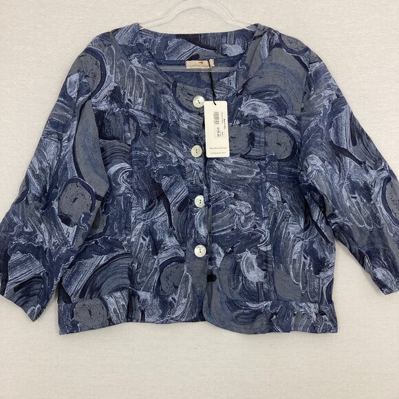 New Barbara Katz Lands Downunder Linen Blue Indigo Artsy Button Jacket Large - Picture 1 of 11